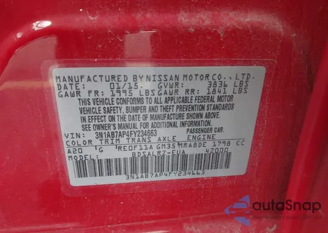 2015 Nissan Sentra Sr из США, поврежденный, VIN 3N1AB7AP4FY234663